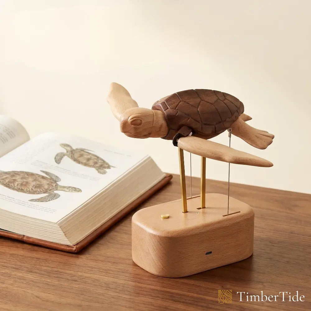Wooden sea turtle automaton on a desk