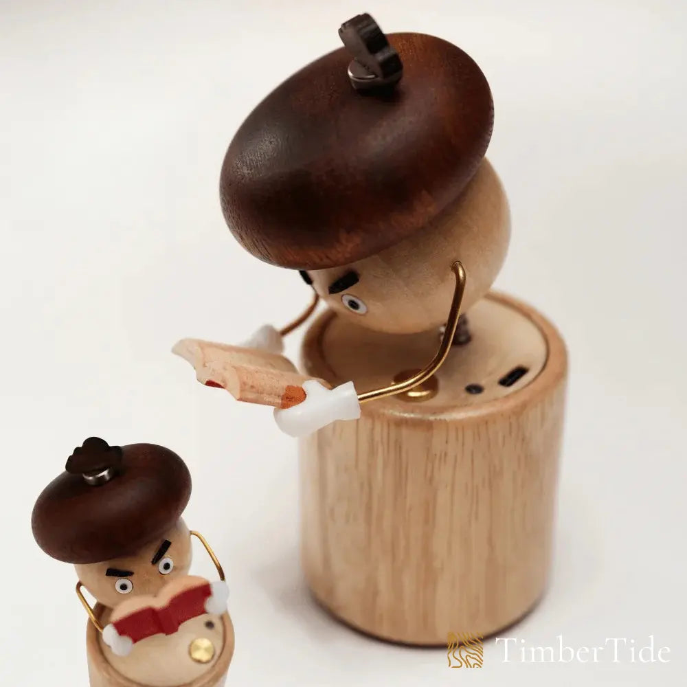 Wooden mushroom automaton on a desk
